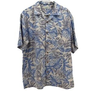 Caribbean Silk Blend men's XL blue tropical button down‎ short sleeve shirt, L20